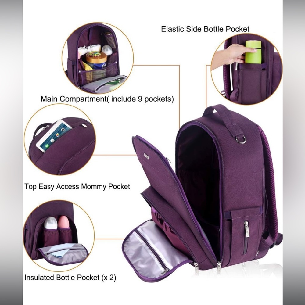 Diaper Bag Backpack Multifunction Travel Backpack Purple - Picture 12 of 15